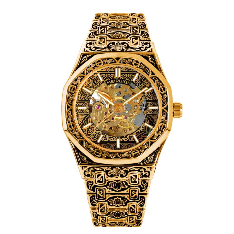 1pcs Men's Gold Dial Alloy Strap Vintage Fashion Automatic Skeleton Details Mechanical Watch for Business Party Holiday