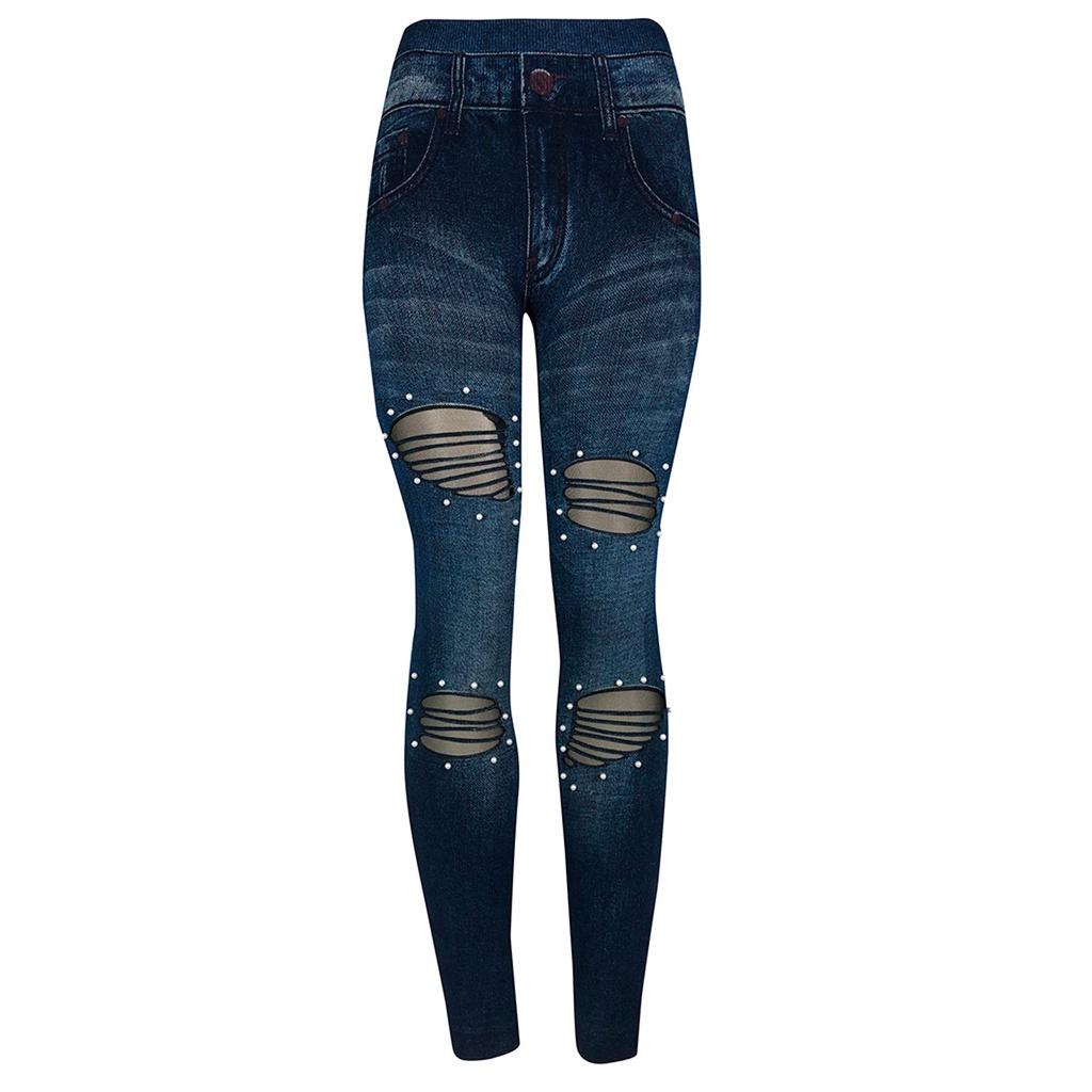 Women's Stretchy Skinny Print Jeggings Lmitation Jeans Seamless Ninth Pants