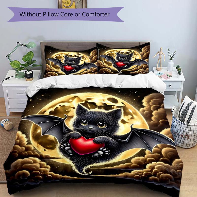3pcs Moon Sky Bat Pattern Bedding Set, 1* Cover + 2*Pillowcases, Printed Bedding Set, Soft 135x200cm
