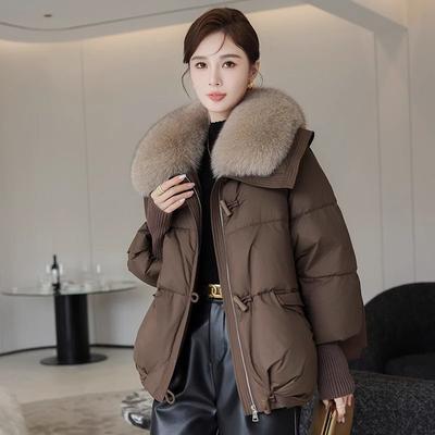 Winter Pelz Kragen Puffer Unten Parka Lose Unten Wärmer Verdicken Schnee Jacke Tasche Zipper Faux Pelz Oberbekleidung Weibliche