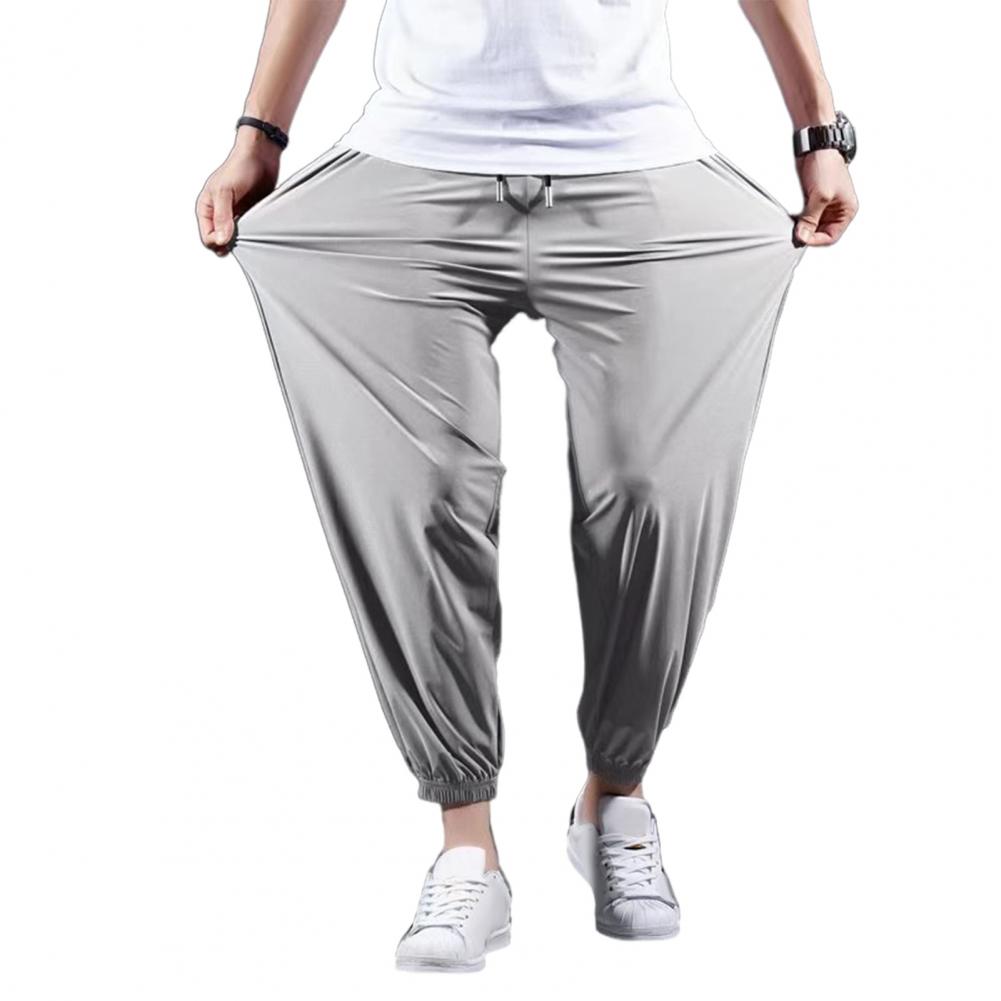 Men Sport Pants Ice Silk Relaxed Fit Ankle-banded Pockets Drawstring Elastic Waist Soft Breathable One Tone Gym Traning Jogging Swe