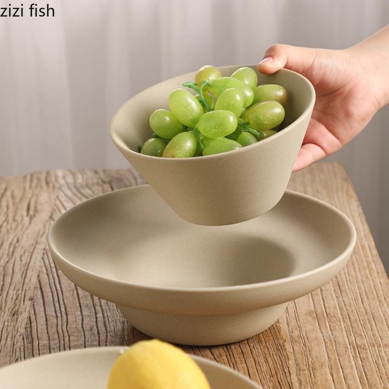 Coarse Pottery Fruit Plates Ceramic Salad Bowl Grass Hat Bowl Pasta Dish Soup Plate Steak Plates Sushi Plate Snack Bowls Dish