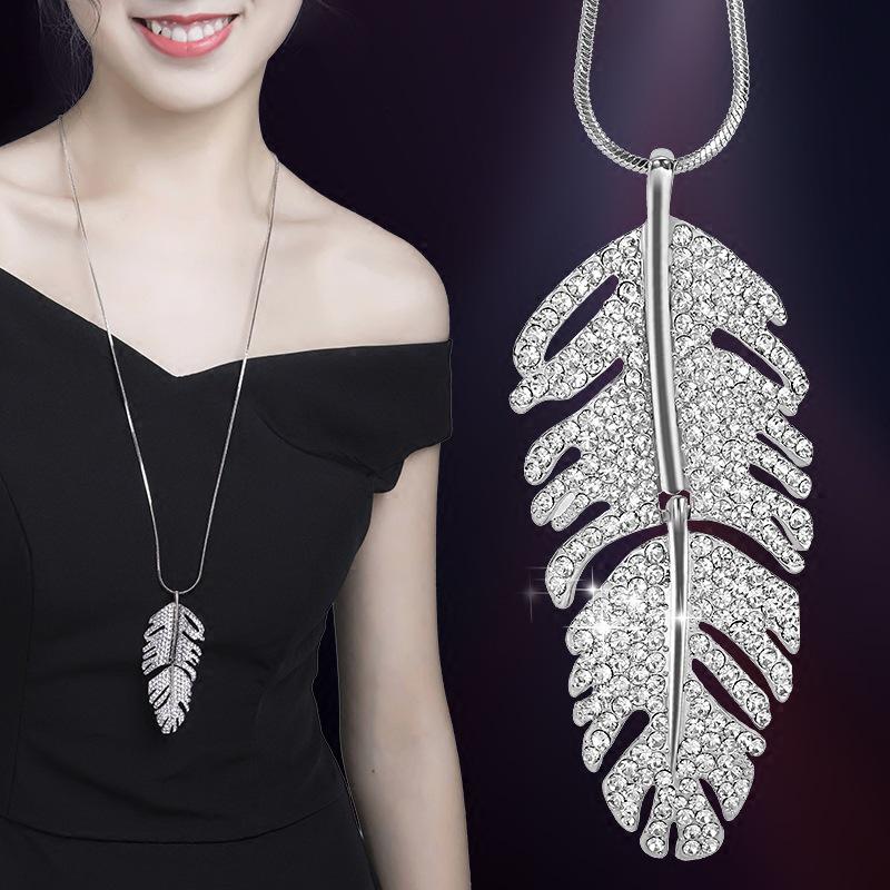 Elegant Rhinestone Feather Sweater Necklace