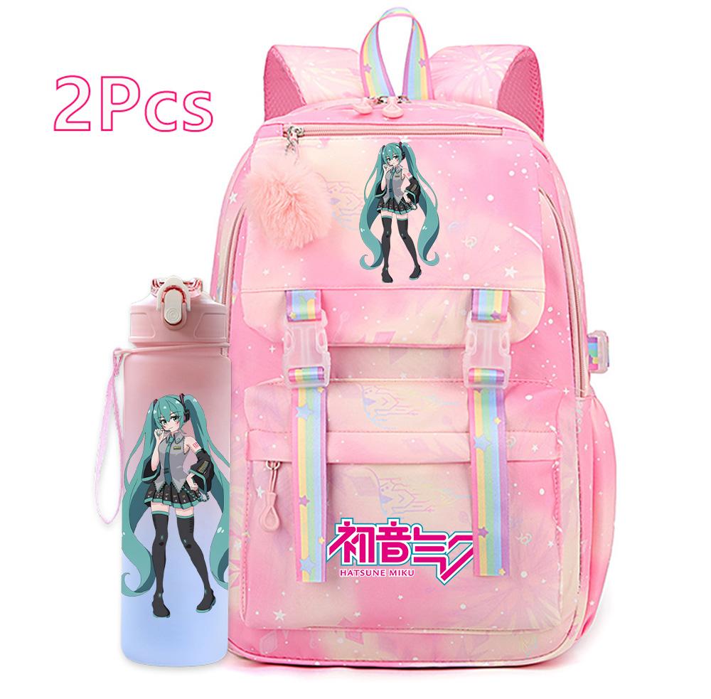 2 st/set Söt Hatsune Miku-tryckt Ryggsäck med 750 ml Vattenflaska för Tonårsflicka Pojke Skolväska Stor Kapacitet Vattentät Resväska Gåva