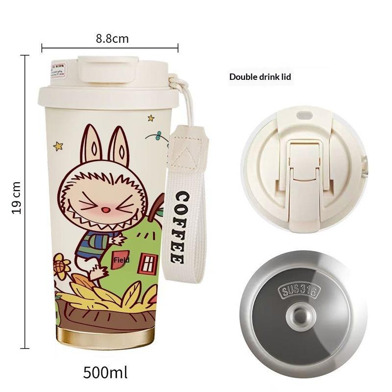 Kaffeebecher 316 Edelstahl Isolierbecher hochwertiger Herren- und Damen-Wasserbecher Cartoon Doppel-Trinkhalmbecher
