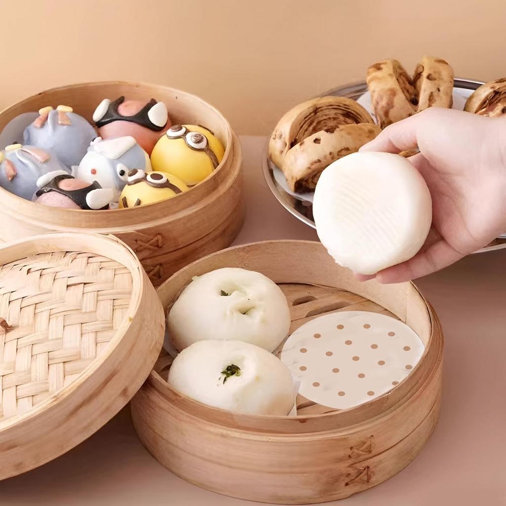 400pcs Air Fryer Liners, 4 inches Bamboo Steamer Liners, Premium Perforated Parchment Steaming Papers, Non-stick Steamer Mat Liner for Air Fryers