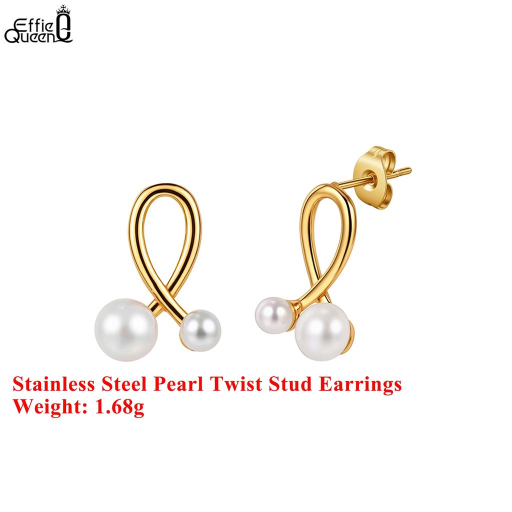 Effie Queen Stainless Steel 18k Gold Pearl Twist Style Stud Earrings Simple Jewelry for Women, Men Wedding Party Banquet STPE02