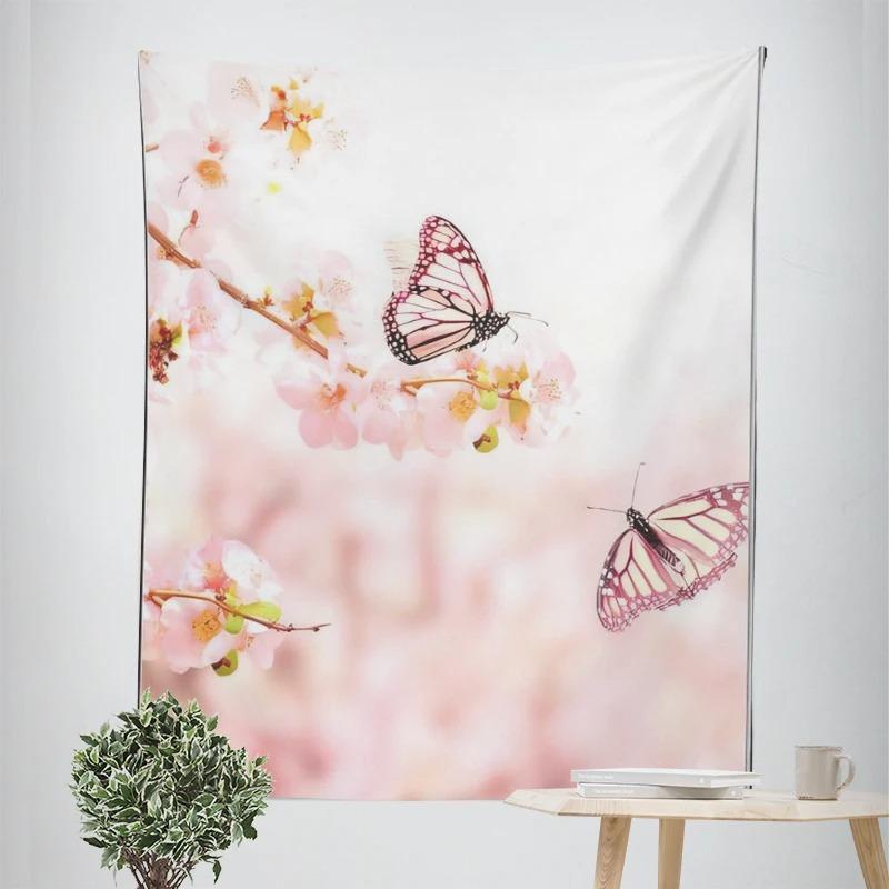 Pink Flowers Butterfly Decorative Tapestry Home Wall Decor Office Living Room Tapestry