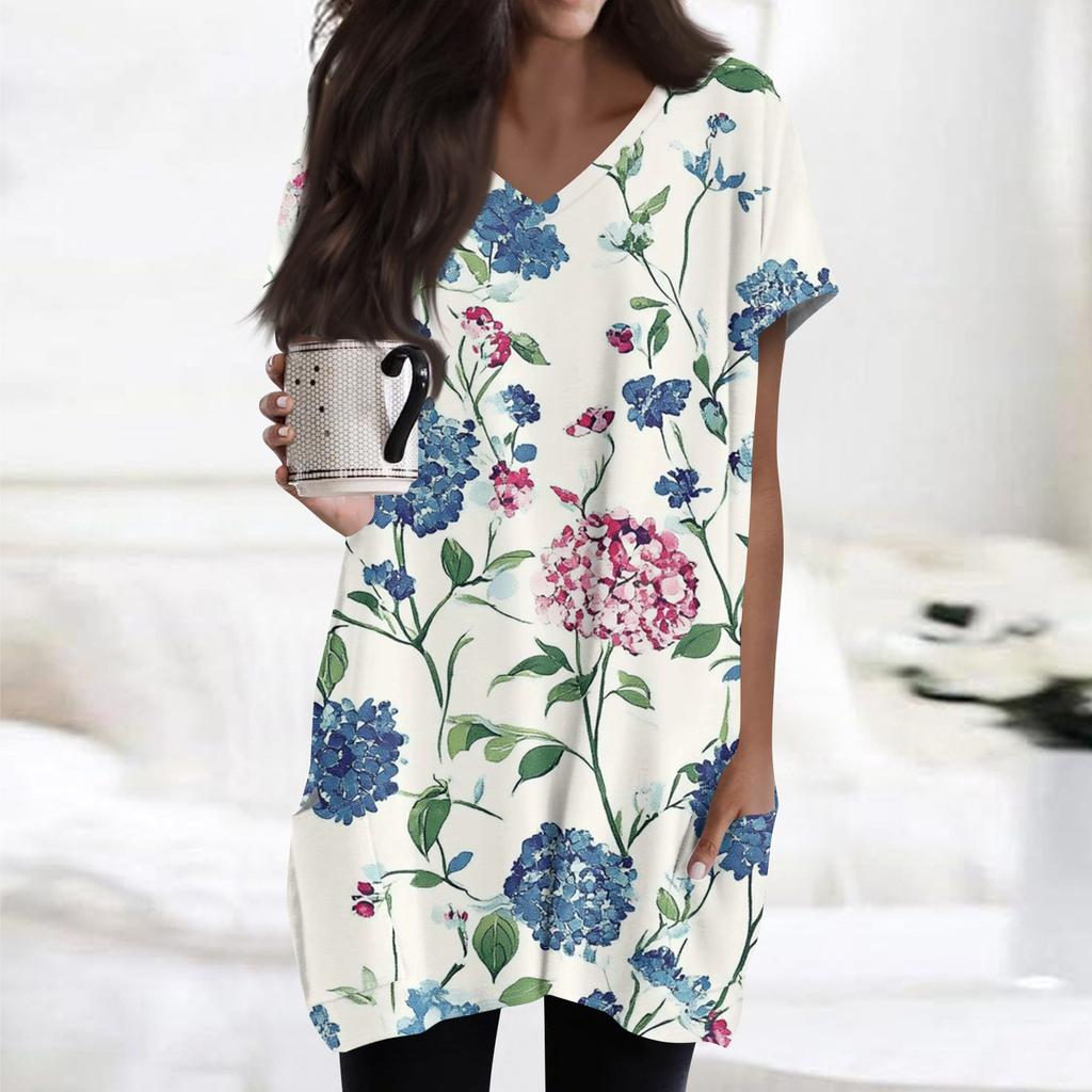 Women's Retro Flower And Leaf Print V-Neck Midi Pocket Short Sleeve Top