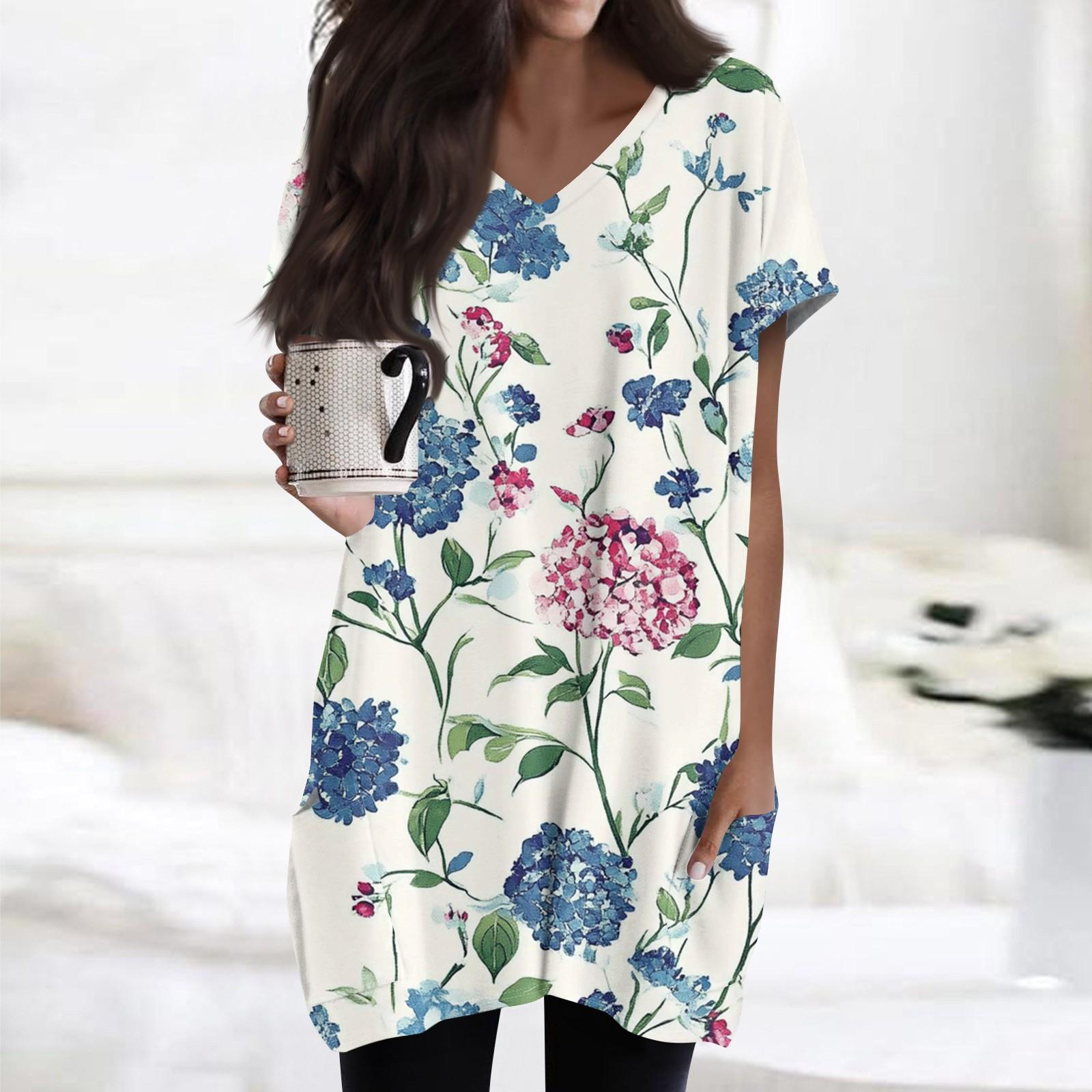 

Women s Retro Flower And Leaf Print V-Neck Midi Pocket Short Sleeve Top L