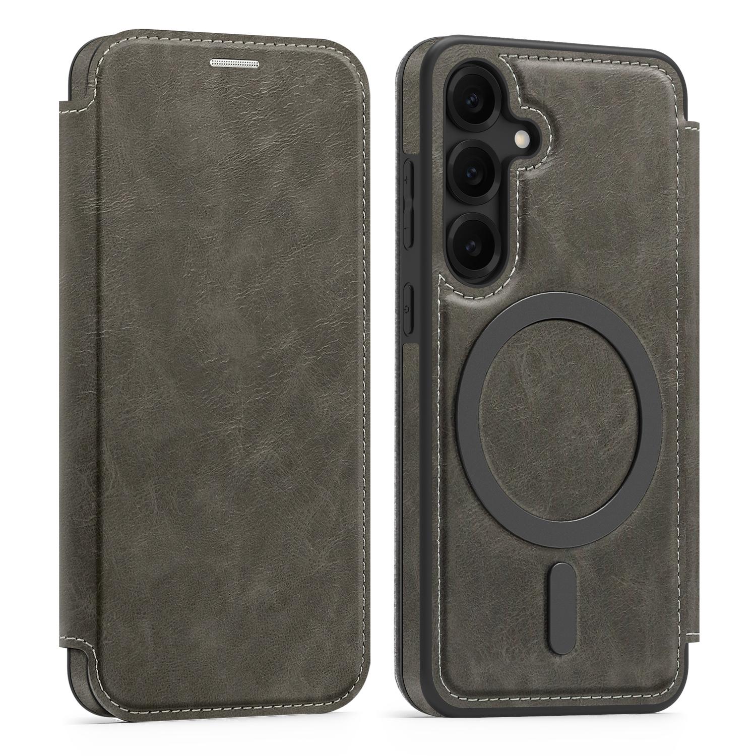 

Чехол для Samsung Galaxy S25, совместимый с MagSafe, с блокировкой RFID, держателем для карт, кожаный чехол для телефона Titanium Grey