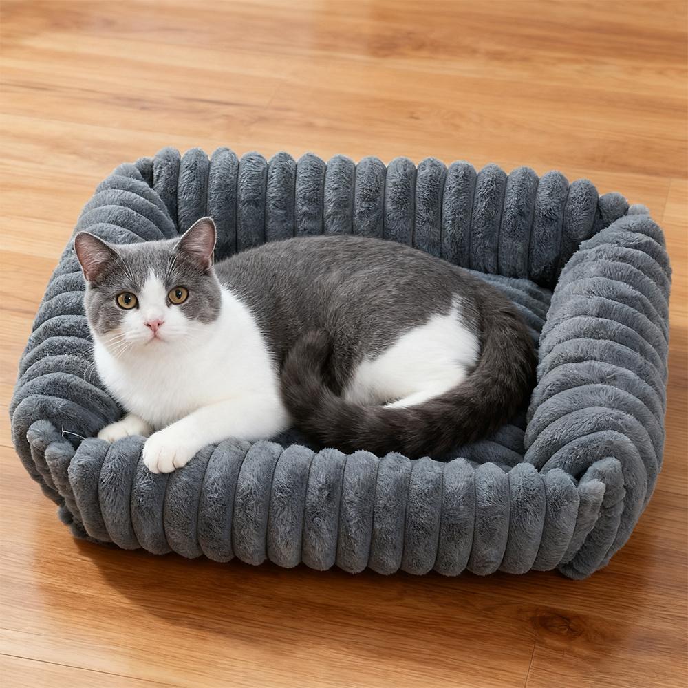Grey Rectangle Donut Pet Bed 63x53x18cm for Medium Dogs & Cats, Waterproof Protection with Anti-Slip Bottom & Fixed Cushion