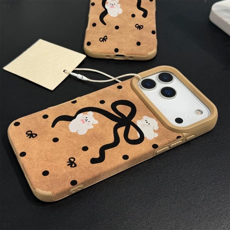 Polka dot bow puppy suitable for Apple 16/17Promax mobile phone case IP15Pro cute flip fur 14 sets