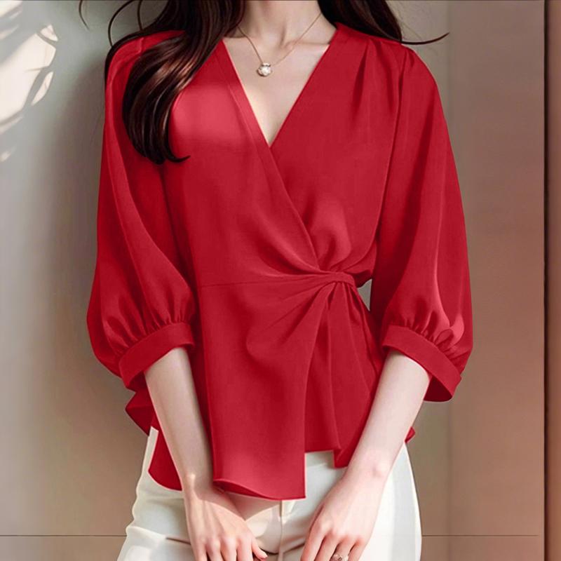 

ZANZEA Женская повседневная блузка с V-образным вырезом, рукавом 3/4 и шнуровкой, свободного кроя S красный