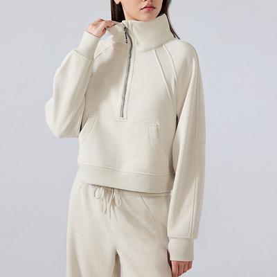 Half Zipper Stand-up Neck Hoodie Women Autumn Winter Warm Thickened Sweatshirts Solid Color Causal Sport Jacket Big Pocket