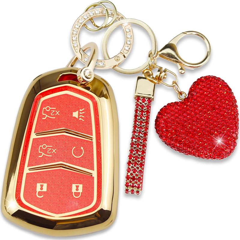 Compatible with Cadillac Key Fob Cover with Heart Keychain for Women, Compatible with 2015- Cadillac Escalade ESV ATS CTS STS SRX XT5 CT6 Smart