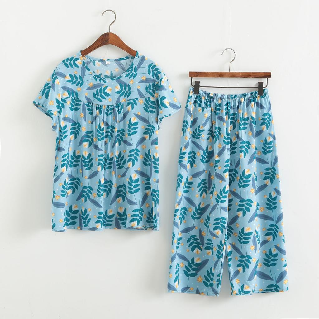 Baumwollseidenset Kurzarm-Caprihose für Damen mittleren Alters und ältere Frauen im Sommer, dünnes Oberteil, cooles Zuhause