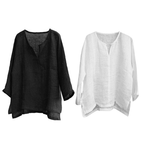 Men Casual Summer Solid Color Long Sleeve V Neck Slitting Hem Loose T-shirt Top