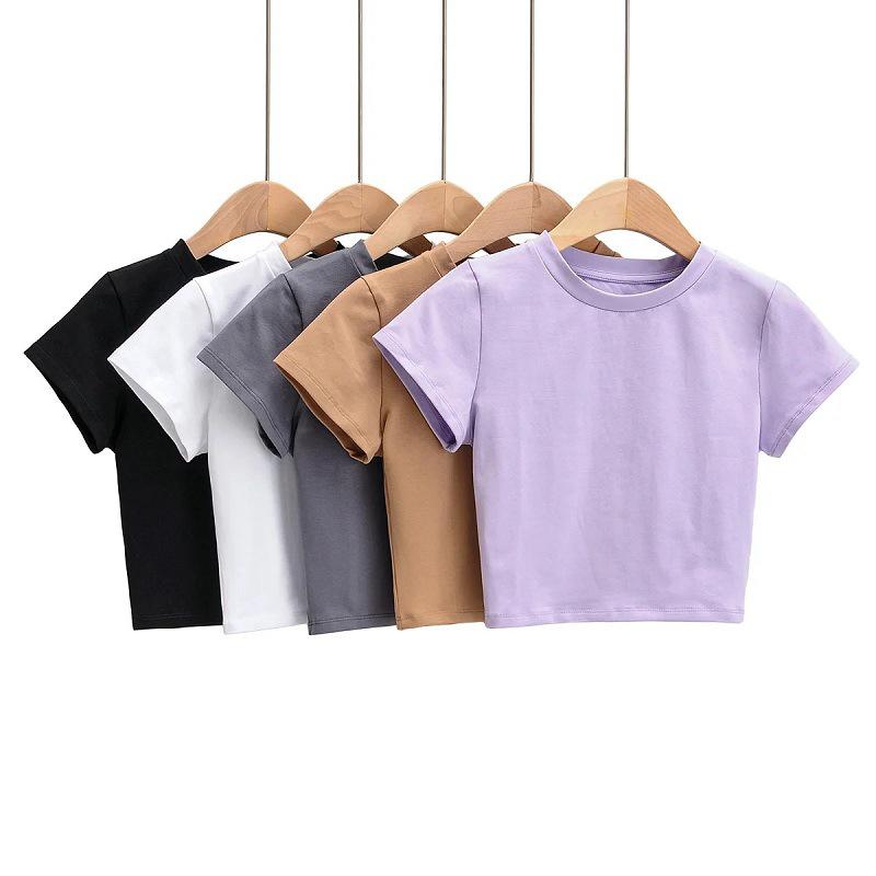 Women's European & American Style Summer Crop Top - Round Neck, Short Sleeve, Solid Color