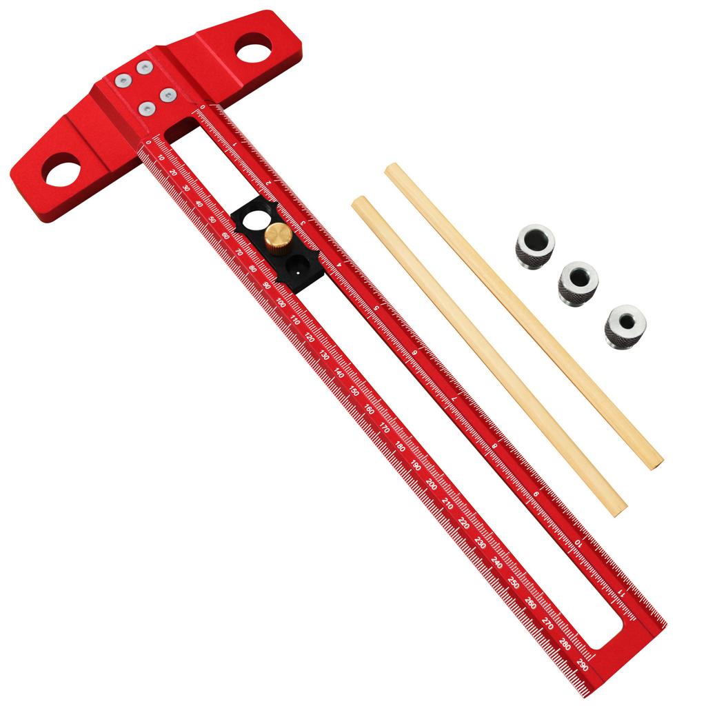 300mm Woodworking T-Square with 6/8/10mm Drill and 2 Pencils & Instruction Manual, 2-in-1 Aluminum Alloy Drilling & Marking Jig