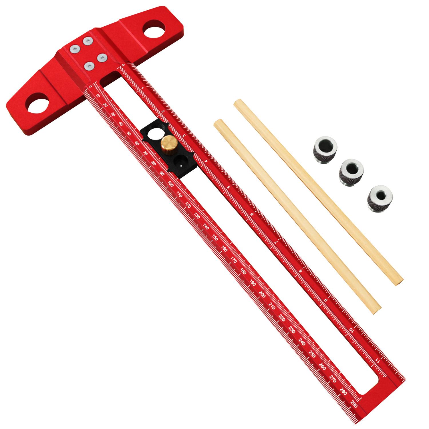 

300mm Woodworking T-Square with 6/8/10mm Drill and 2 Pencils & Instruction Manual, 2-in-1 Aluminum Alloy Drilling & Marking Jig 1pc