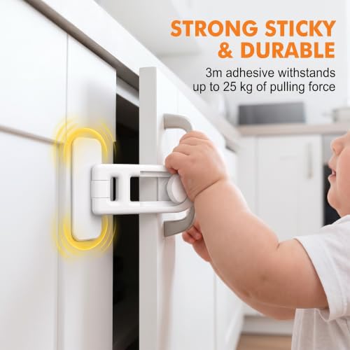 KOHVAN 4 Pack Child Safety Locks for Cabinets - Baby Proofing Latches No Drilling Adhesive White - Window Toilet Fridge Drawer Locks for Toddlers