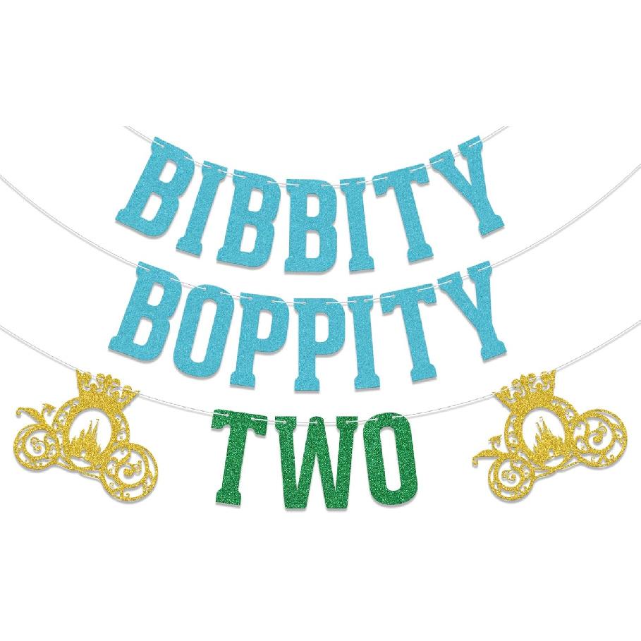 Bibbity Boppity Two Banner,2nd Birthday Party Decor,Two Birthday Decorations,Pumpkin Cart Theme Birthday Decorations Supply Blue & Green