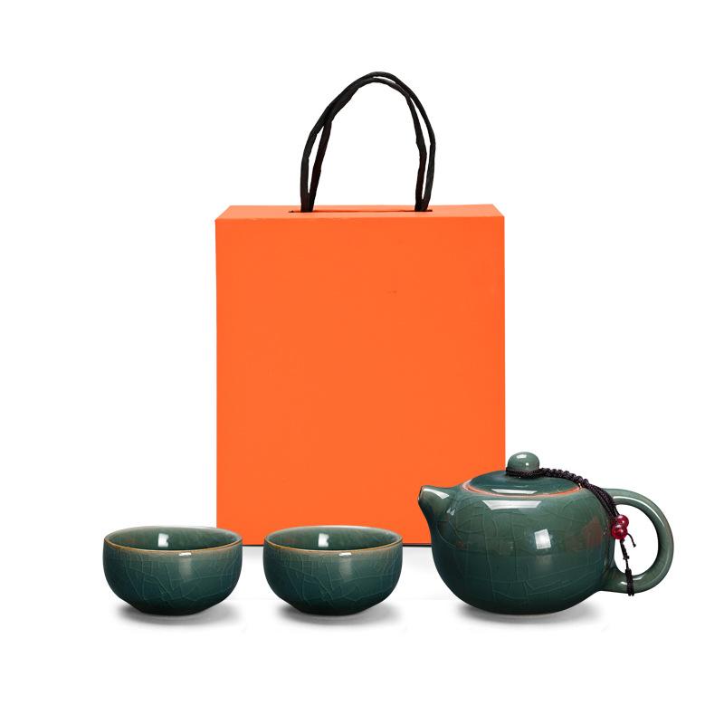 Ge kiln dense kiln kung fu tea set, one pot and four cups gift box, business souvenir for customers