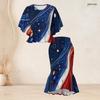 Women Plus Size Two Piece Set Round Neck Batwing Sleeve Ruffle Hem Top Red Blue Beige Printed Fishtail Skirt