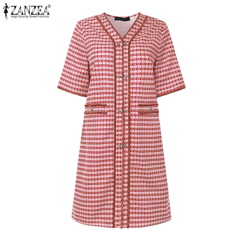 ZANZEA Women V Neck Puff Sleeve Smooth Print Casual Loose Tunic Dress
