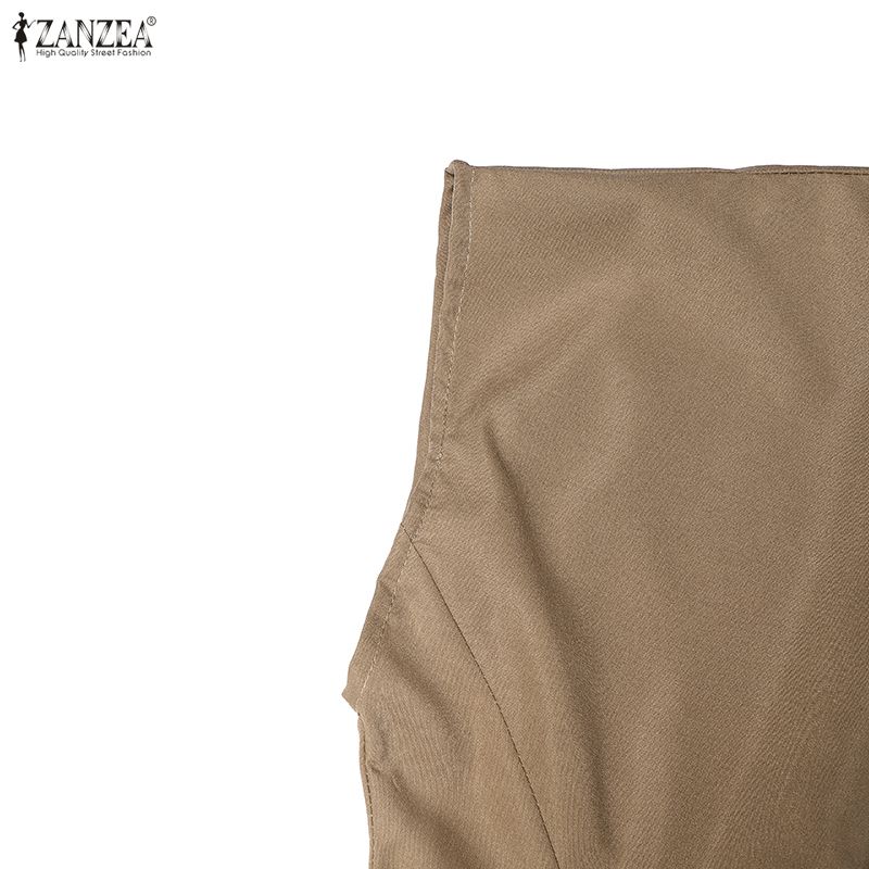 ZANZEA Women Casual Turn Down Collar Solid Color Short Sleeve Pleated Dress