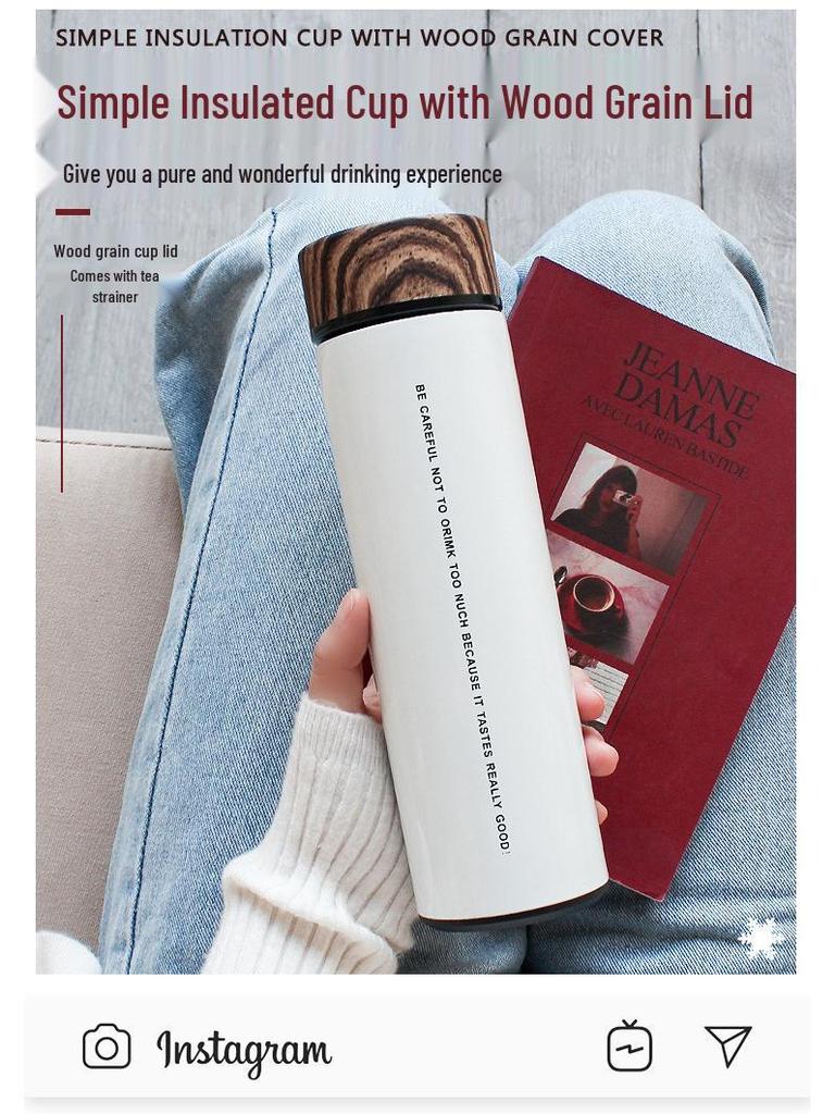 Трендова ізольована чашка для води з нержавіючої сталі з кришкою під дерево – Стильна корейська чашка для чаю для чоловіків, жінок, пар та студентів