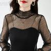 Women T-Shirt See Through Transparent Mesh Tops Long Sleeve Sheer Slim Ladies Turtleneck Silk Ruffled Edge T Shirt Lace Crop Top
