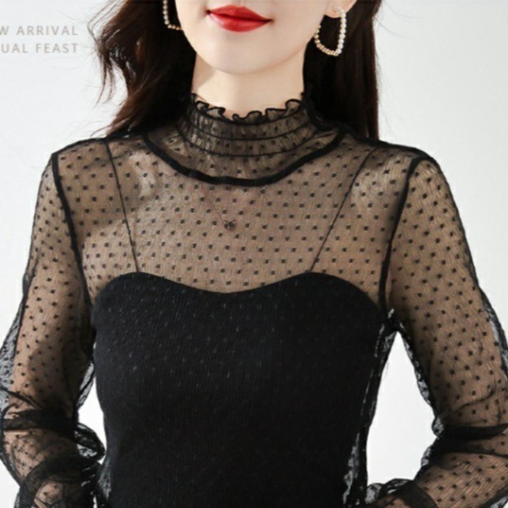Women T-Shirt See Through Transparent Mesh Tops Long Sleeve Sheer Slim Ladies Turtleneck Silk Ruffled Edge T Shirt Lace Crop Top