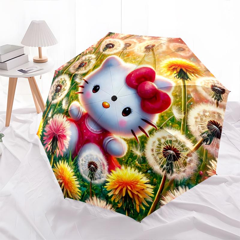 1pc Hello Kitty Dandelion Automatic Opening/Closing Umbrella - Portable Three-Fold Design with 8-Bone Iron Frame, Outdoor, Gift for Fans, Travelers, D