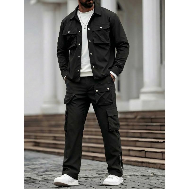 

Mens 2 Piece Outfit Button Down Cargo Jacket And Cargo Pants Set S чёрный