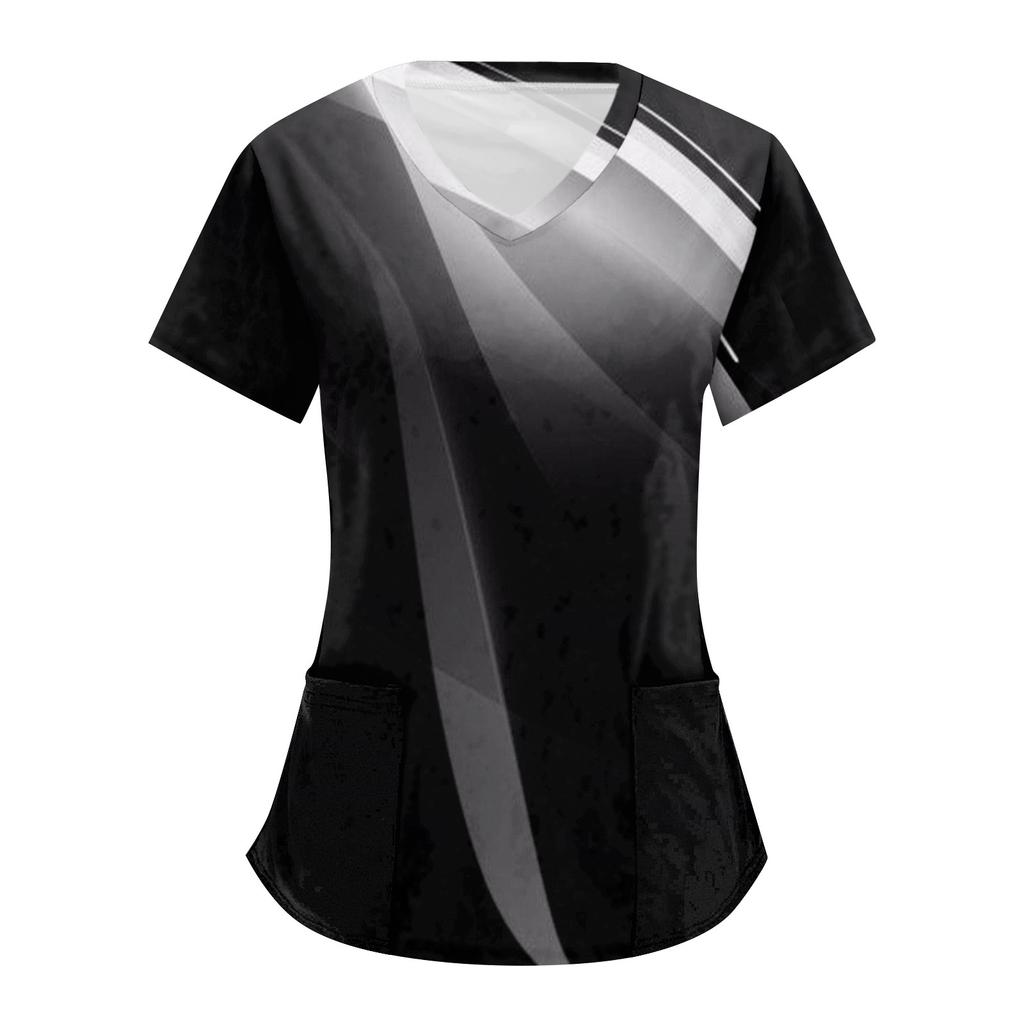 Blusa feminina listrada com estampa geométrica e manga curta com decote em V e bolso de trabalho