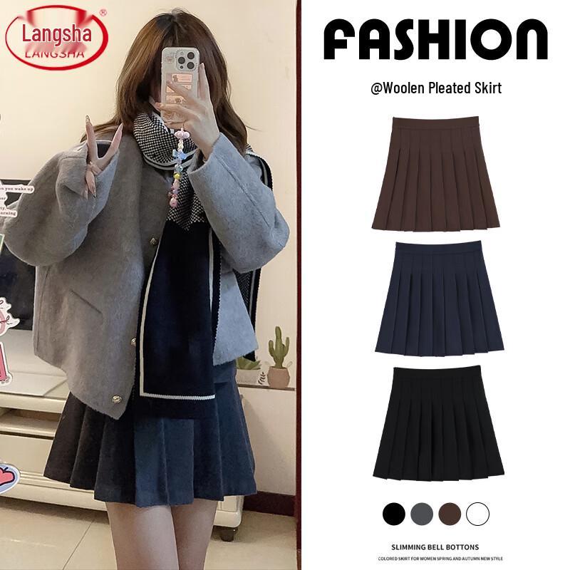 Langsha Women s High-Waist Pleated Wool Blend Mini Skirt XL
