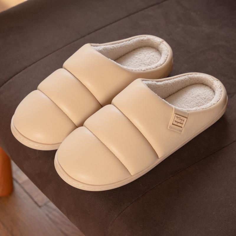 New high-end PU leather simple slippers autumn and winter indoor couple household velvet warm non-slip cotton slippers