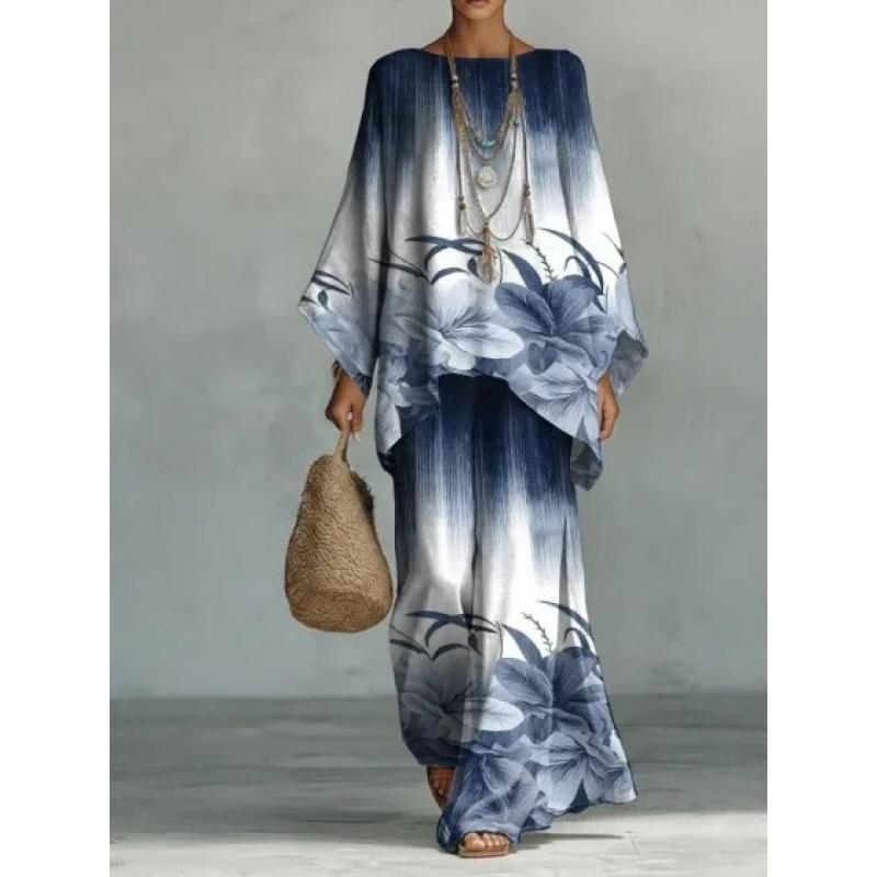 Y116 Summer Loose Bat Sleeve Top Wide Leg Pants Two-piece Women's Clothing European and American Fashion Suit