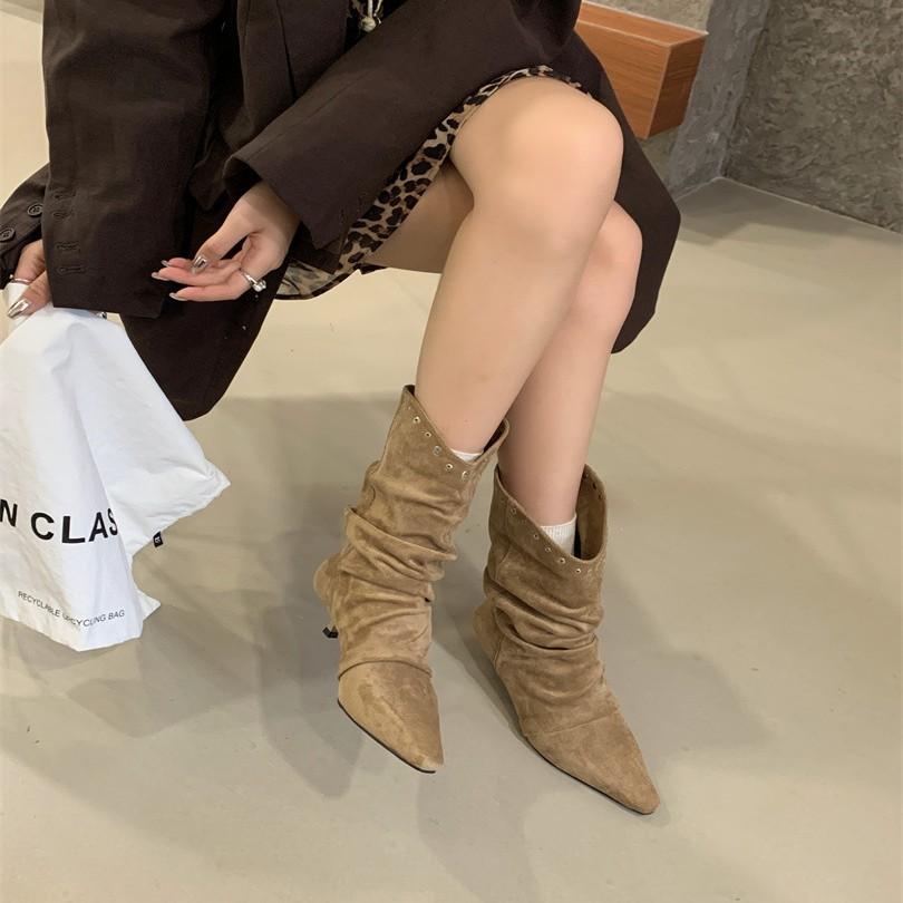 European and American fashion rivet pleated piled boots women's 2025 new suede small square head thin heel thin temperament short boots