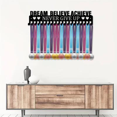 Metal Medal Rack 'Dream Believe Achieve Never Give Up' Iron Medal Holder Wall-Mounted Universal Medal Hanger Home Decor