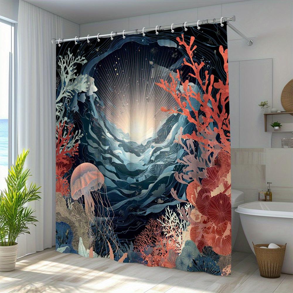 1Pc Ocean Scenery Shower Curtain, Vibrant Underwater World Theme With Jellyfish And Coral Pattern, Polyester Fabric, Includes