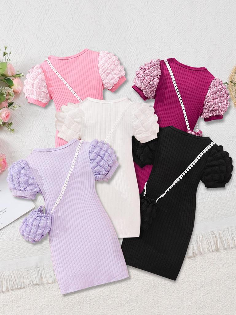 Kids' Lightweight Bubble Dress: Short Sleeve, Round Neck, Solid Color with Bubble Pockets