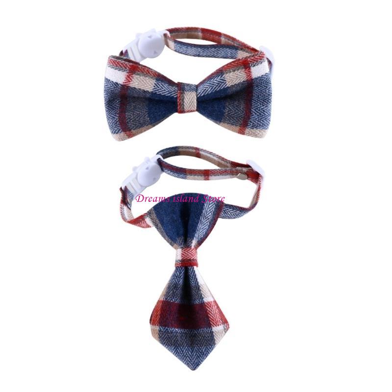 

Christmas Costume Kitten Bowtie Collar Plaids Necktie Pet Accessories 2PCS HX6C