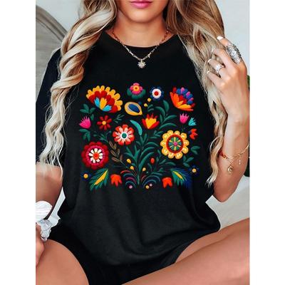 Camiseta Gráfica Floral Talla Grande para Mujer Cuello Redondo Manga Corta Vibrante Casual para Uso Diario