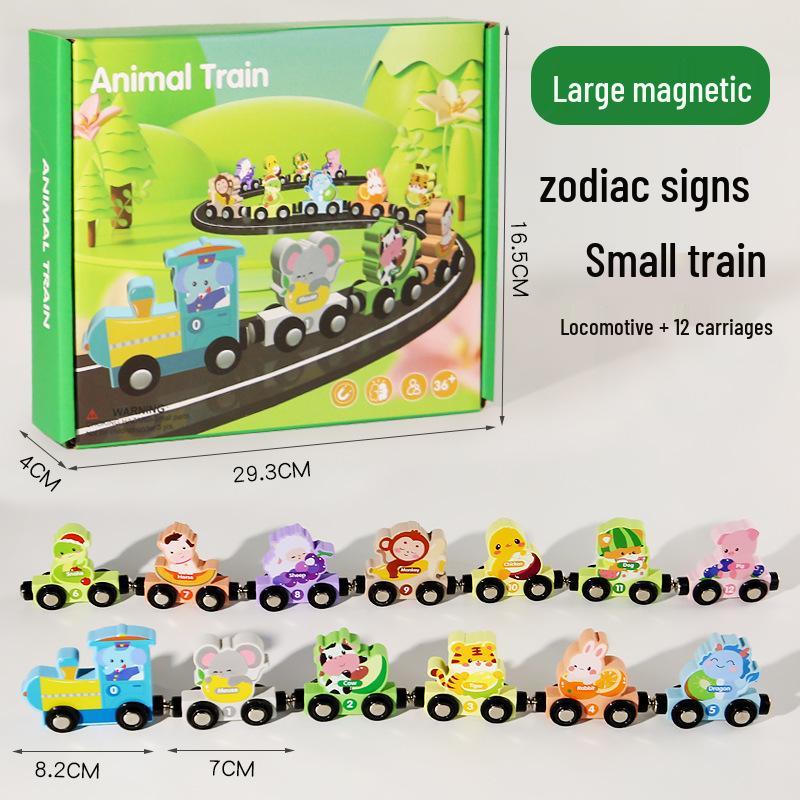 Dinosaur Wooden Magnetic Number Train - Children's Educational Pull-Along Toy with Cartoon Animal Building Blocks