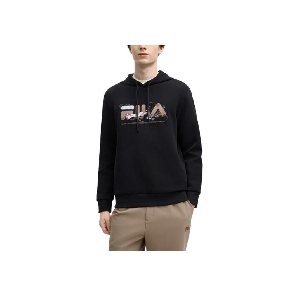 FILA Heritage Series Letter Print Cloud Riding Knit Hoodie Men hoodies Black F11M518212F-BK