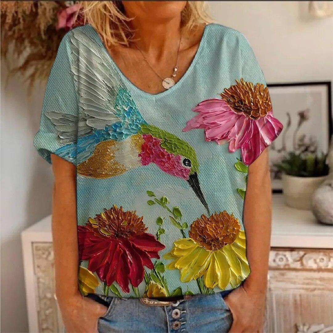 

Футболки с принтом летних птиц колибри 3D, женская новая модная уличная одежда, футболка с коротким рукавом и V-образным вырезом, футболки Harajuku, топы, одежда 5XL