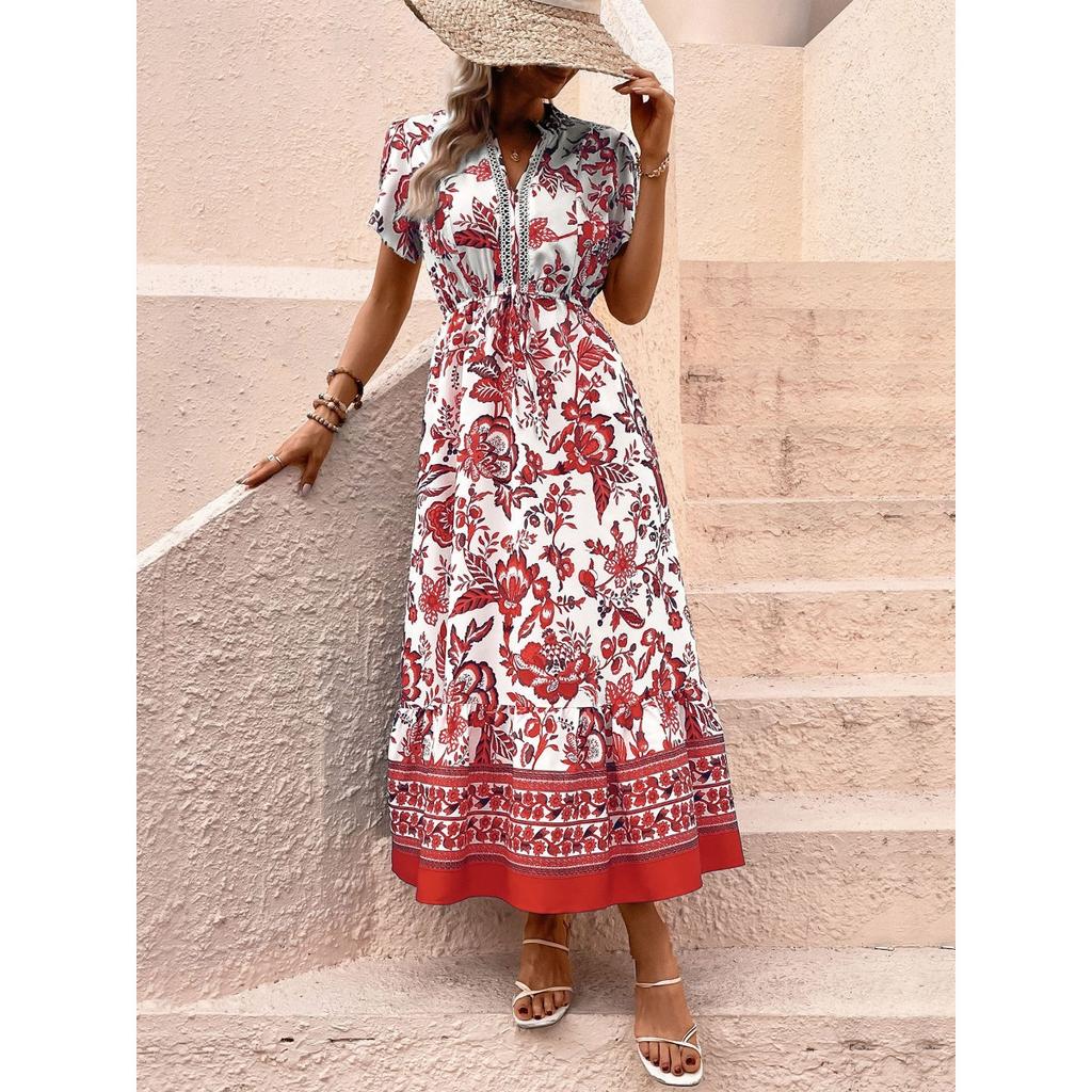 Blue Retro Ethnic Print Vacation Casual Slim Waist Dress Women's Fashion Hot Selling Crossbody Apparel